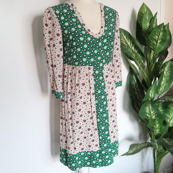 Boden Green Pink Floral 3/4 Sleeve Mini Dress Viscose Boho Spring Summer Size 2 - Picture 4 of 16